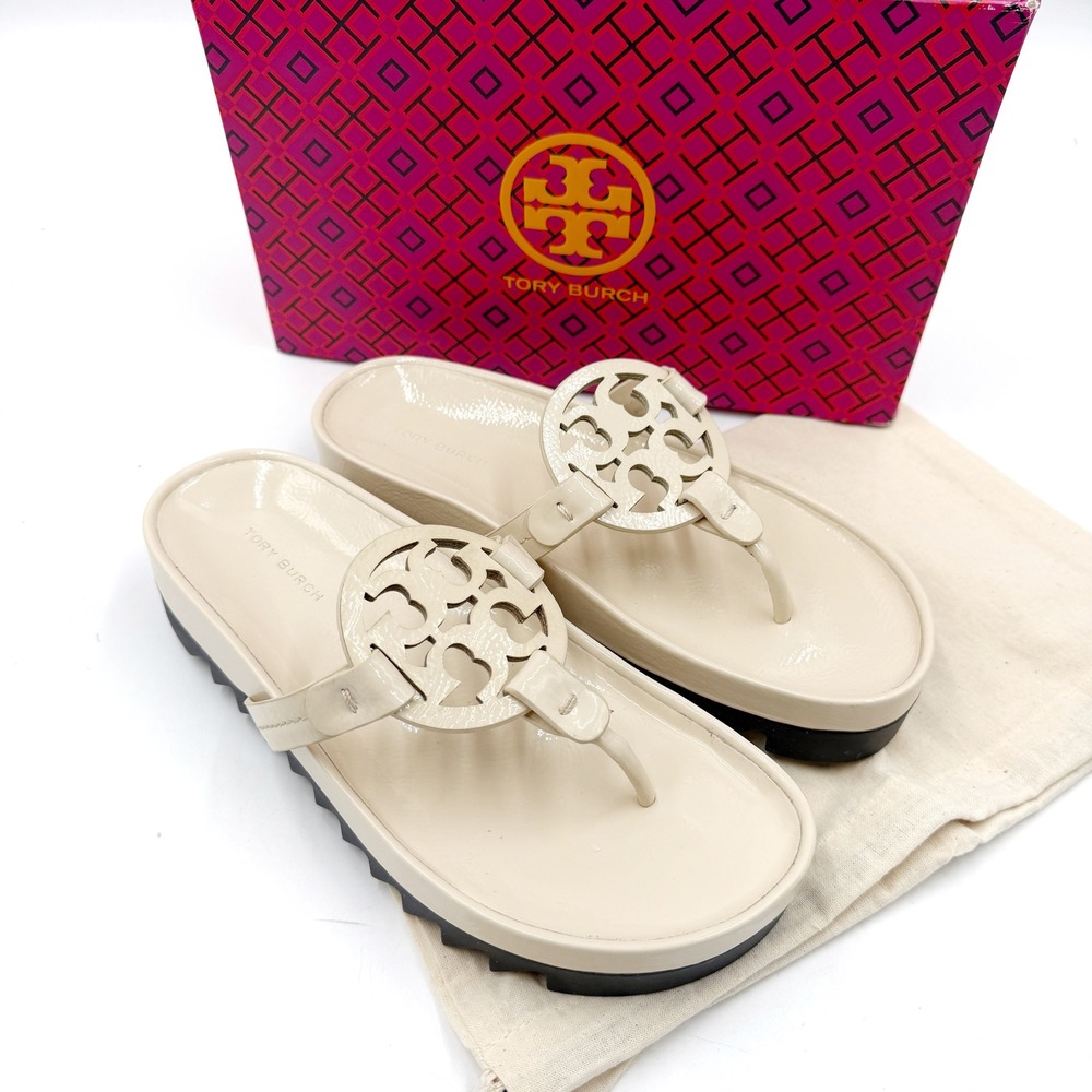 Tory Burch Miller Cloud Lug Sandals Cream Patent Leather Thong Flip Flop Sz 7